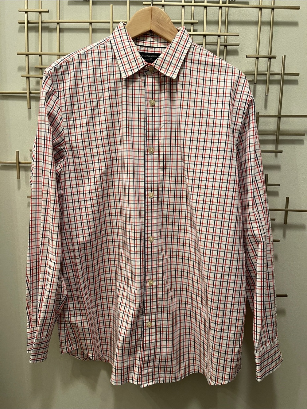 Banana Republic White Shirt with Red and Black Windowpane Check